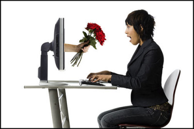 Woman receiving roses online