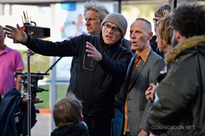 EDINBURGH, SCOTLAND - MAY 11: Director Danny Boyle and actor Ewan Bremner, on the set of the Trainspotting film sequel in Muirhouse shopping centre on May 11, 2016 in Edinburgh, Scotland. The long awaited Trainspotting 2 is being filmed in Edinburgh and Glasgow, 20 years after the original was released it will also see the cast from the first film returning including Ewan McGregor, Jonny Lee Miller and Robert Carlyle. (Photo by Jeff J Mitchell/Getty Images)